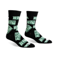 Pair of black crew socks with a fun pattern of green $100 bills scattered across them. 