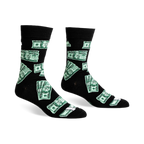 Pair of black crew socks with a fun pattern of green $100 bills scattered across them. 