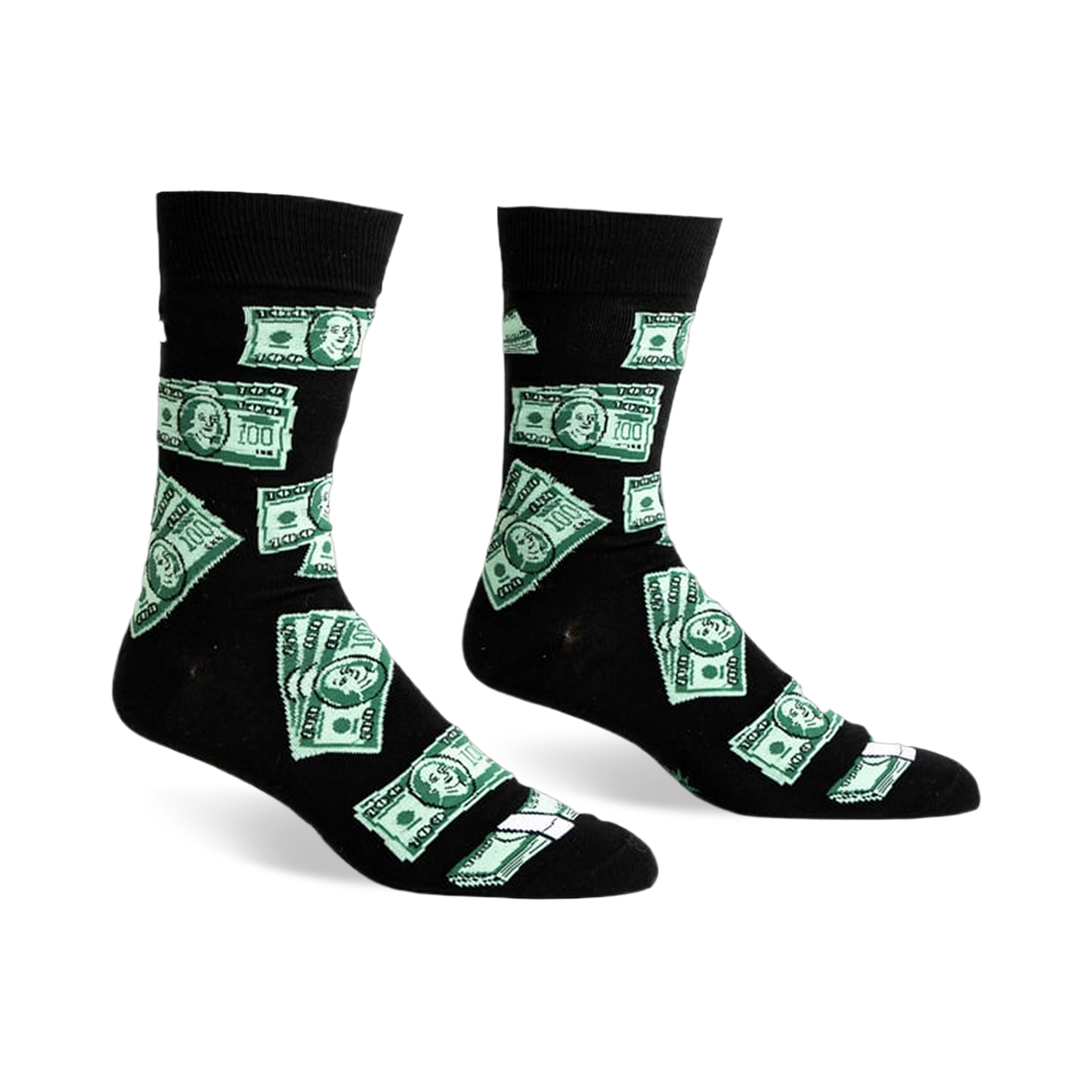 Pair of black crew socks with a fun pattern of green $100 bills scattered across them. 