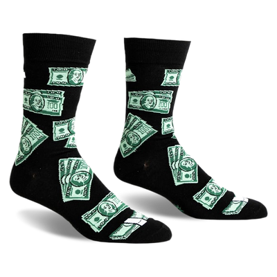 front view of two black socks with a green money bill pattern.