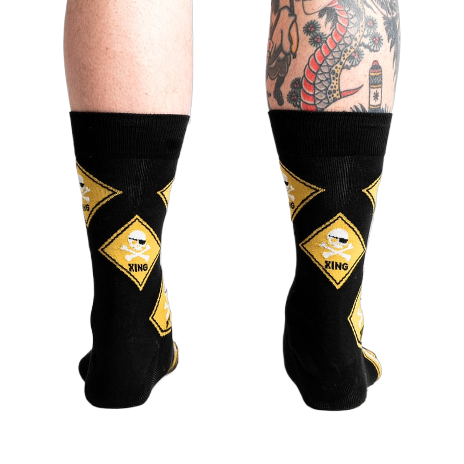 Rear view of 'Pirate Crossing' socks worn on a model's legs showing how the socks fit.