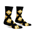 Black crew socks with a repeating pattern of yellow diamond-shaped warning signs featuring skulls wearing sunglasses and crossbones.