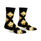 Black crew socks with a repeating pattern of yellow diamond-shaped warning signs featuring skulls wearing sunglasses and crossbones.
