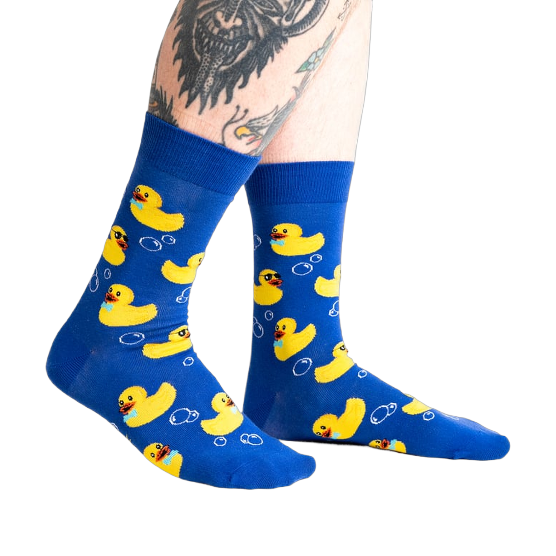 Lifestyle shot of a person's legs wearing the Rubber Duckie socks, showcasing the fit and design on a person.