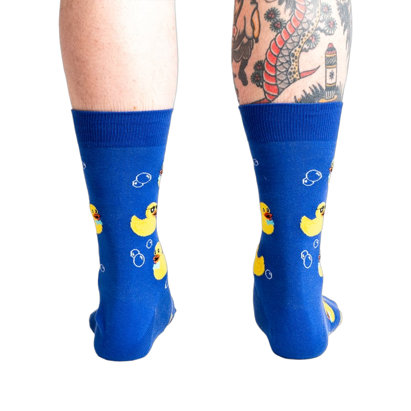 Back view of the Rubber Duckie socks, highlighting the all-over print on the back of the socks.