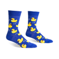 Pair of blue crew socks with yellow rubber ducks wearing sunglasses and bow ties, surrounded by white bubbles.