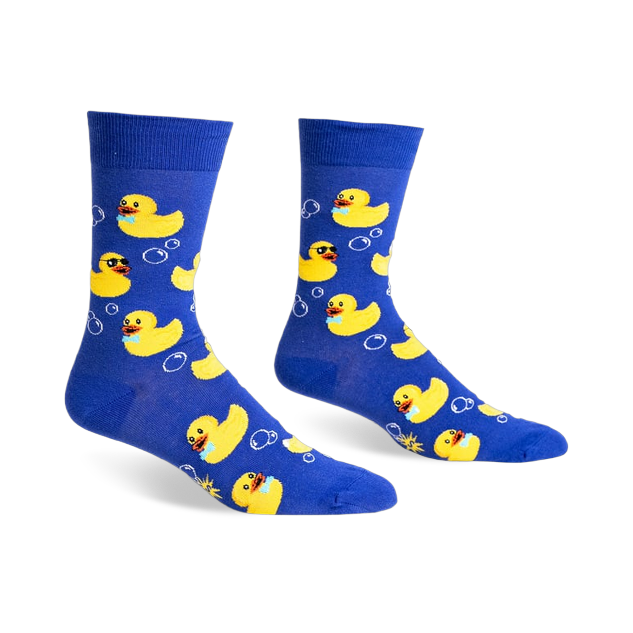 Pair of blue crew socks with yellow rubber ducks wearing sunglasses and bow ties, surrounded by white bubbles.