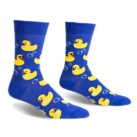 front view of a pair of blue socks with a yellow rubber ducky pattern.