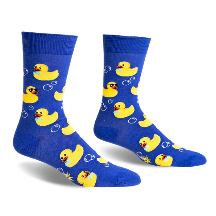 front view of a pair of blue socks with a yellow rubber ducky pattern.