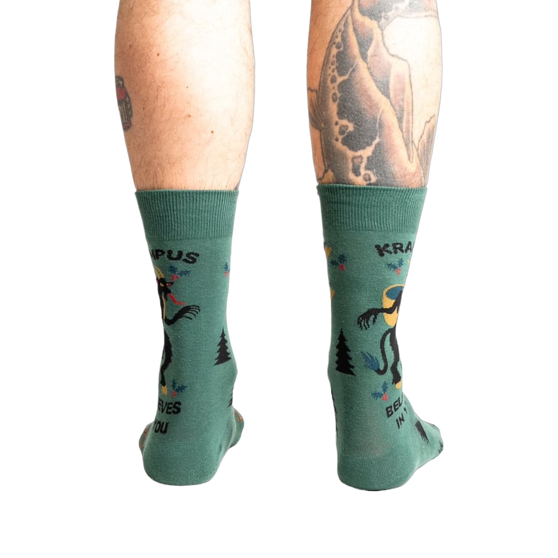 Back view of the Krampus socks, showcasing the design on both sides.