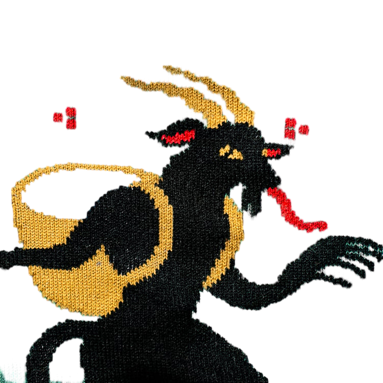 Close-up detail shot highlighting the Krampus illustration on the socks.