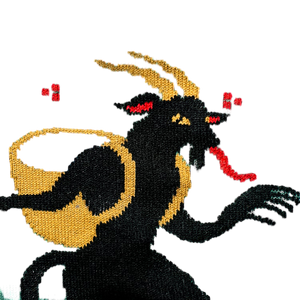 Close-up detail shot highlighting the Krampus illustration on the socks.