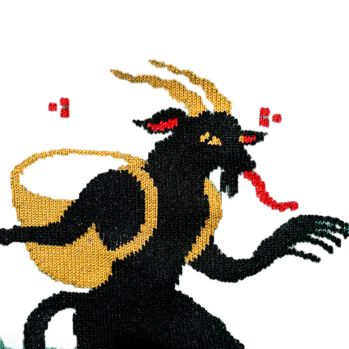 Close-up detail shot highlighting the Krampus illustration on the socks.