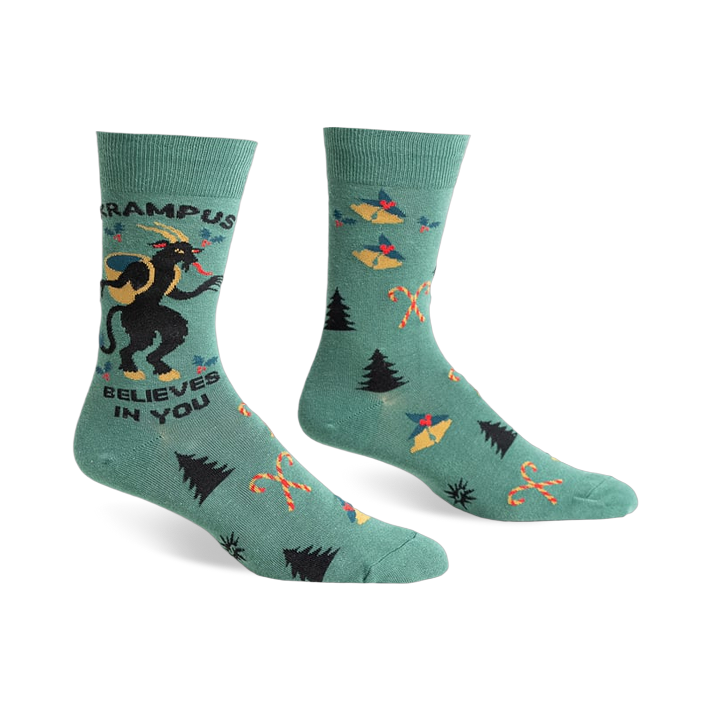 Green crew socks with a Krampus design, candy canes, and Christmas trees.  Features black and red accents.