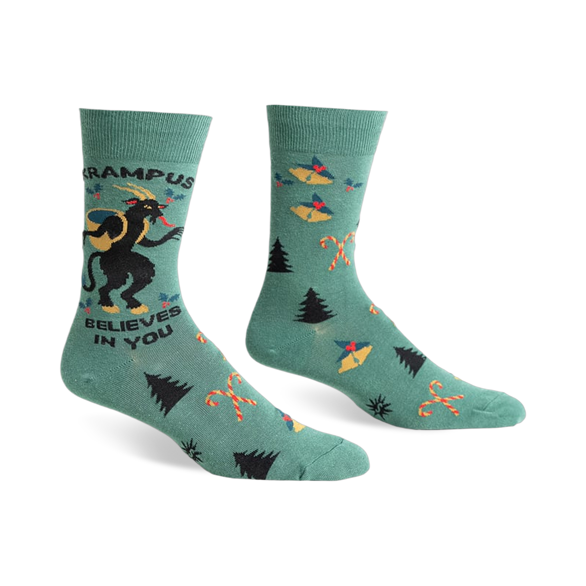 Green crew socks with a Krampus design, candy canes, and Christmas trees.  Features black and red accents.