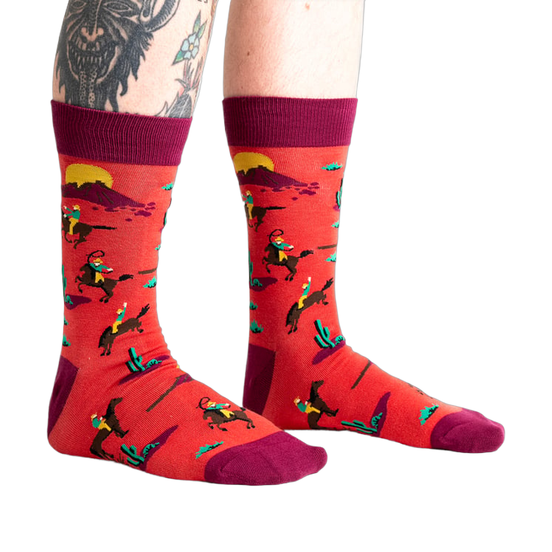 Lifestyle shot showing the 'Jolly Rancher' socks on a model's legs, showcasing the fit and overall look.