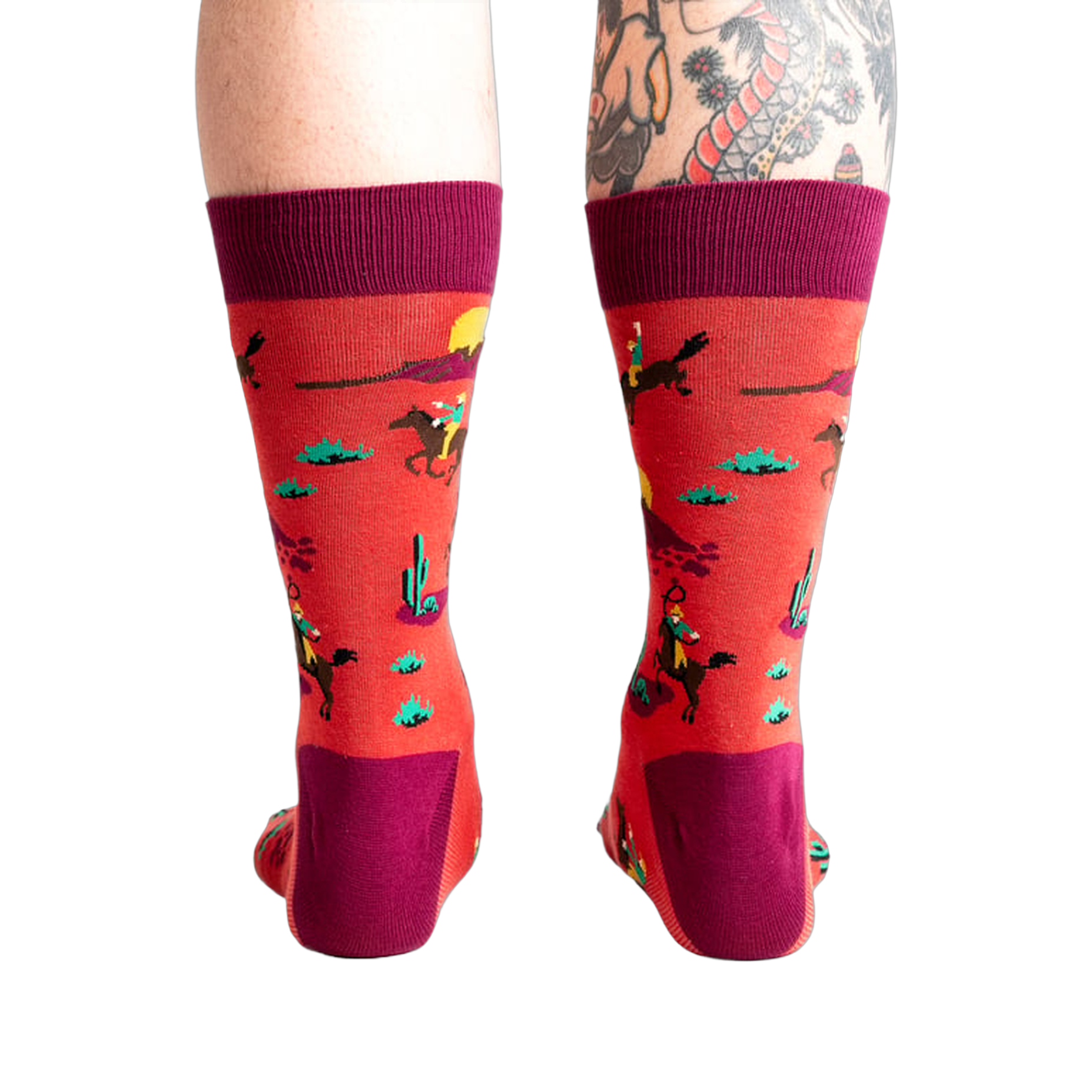 Rear view of the socks on a model, highlighting the sock's back design and heel.