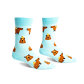 Pair of crew socks; light blue background with repeating pattern of brown capybaras and small yellow ducklings.