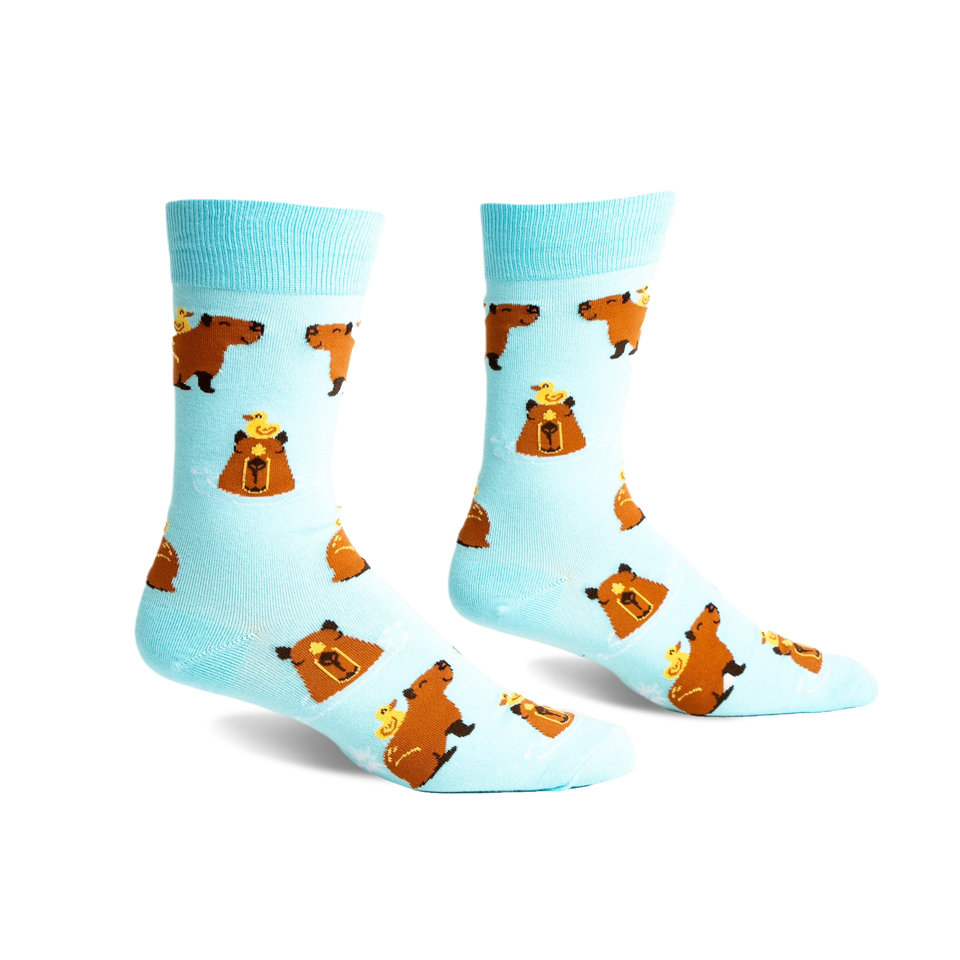 Pair of crew socks; light blue background with repeating pattern of brown capybaras and small yellow ducklings.