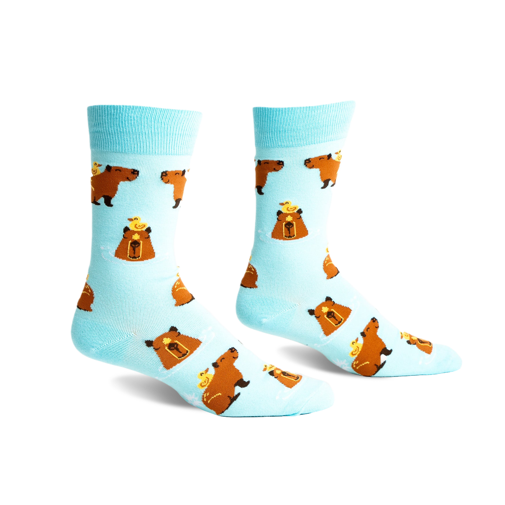Pair of crew socks; light blue background with repeating pattern of brown capybaras and small yellow ducklings.