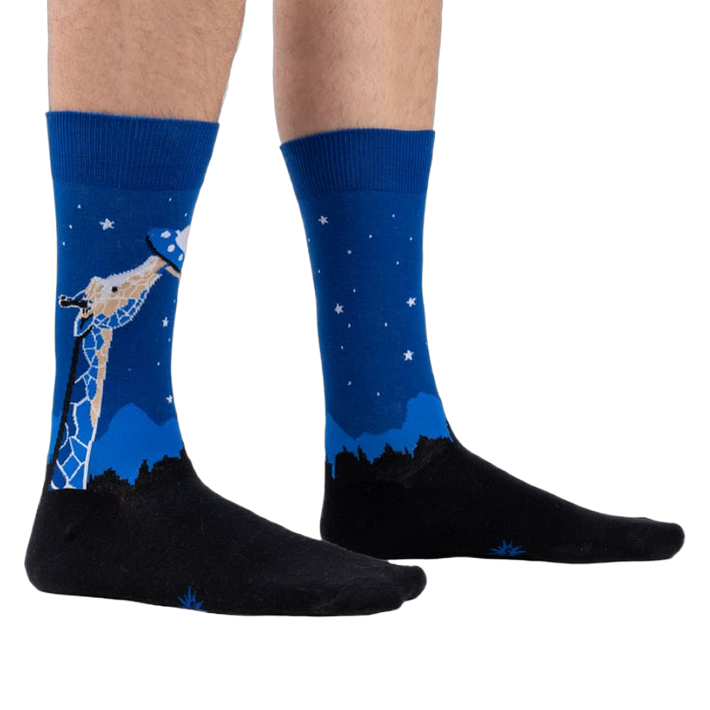 Lifestyle shot showing 'Stand Tall' socks on a person's legs.