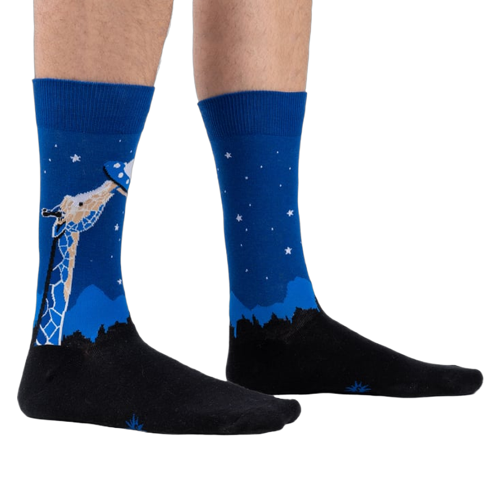 Lifestyle shot showing 'Stand Tall' socks on a person's legs.