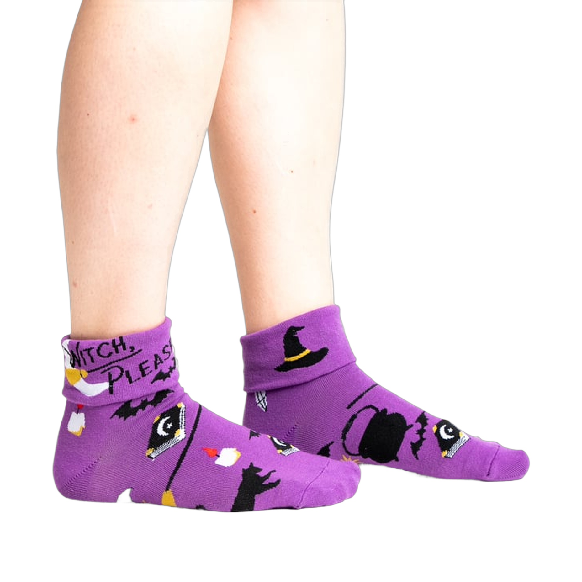 Lifestyle shot: Model wearing the purple 'Witch, Please' socks, showcasing the fit and style.