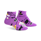 Pair of purple crew socks with a Halloween design. Features black bats, a witch's hat, cauldron, and the text 'Witch, Please'.