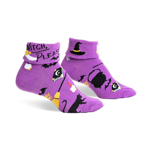Pair of purple crew socks with a Halloween design. Features black bats, a witch's hat, cauldron, and the text 'Witch, Please'.