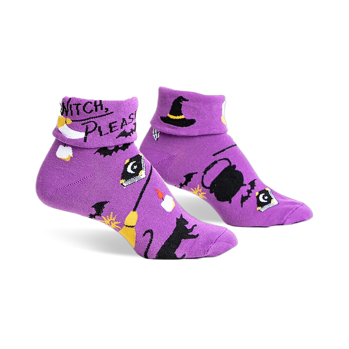 Pair of purple crew socks with a Halloween design. Features black bats, a witch's hat, cauldron, and the text 'Witch, Please'.