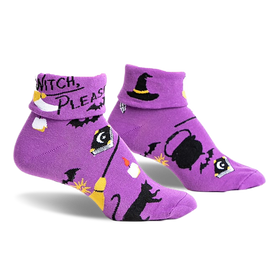 pair of purple socks with a black cat, a witch's hat, a cauldron, a broom, and the words "witch please" on them.  front view of the socks.