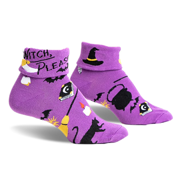 pair of purple socks with a black cat, a witch's hat, a cauldron, a broom, and the words "witch please" on them.  front view of the socks.