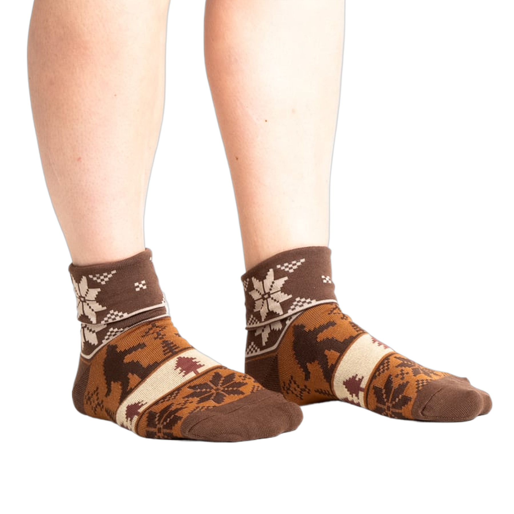 Lifestyle shot of model wearing Bigfoot Lebowski socks.