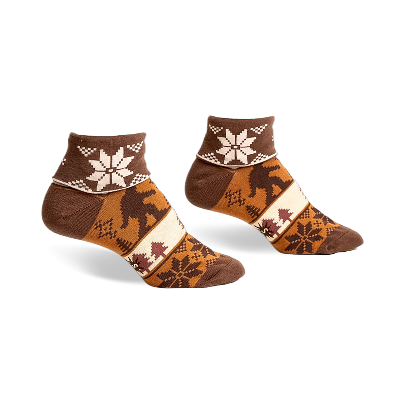 Brown and beige crew socks with a Bigfoot, snowflake, and tree design. Turn cuff detail.