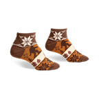 Brown and beige crew socks with a Bigfoot, snowflake, and tree design. Turn cuff detail.
