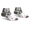 Pair of grey turn-cuff socks with a snowflake, unicorn, and heart design. Features light blue, yellow, and pink accents.