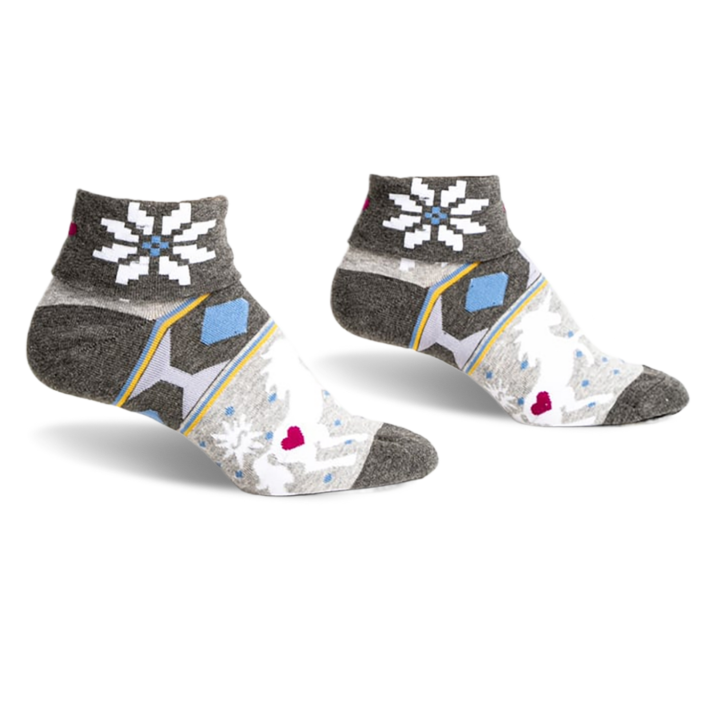 Pair of grey turn-cuff socks with a snowflake, unicorn, and heart design. Features light blue, yellow, and pink accents.