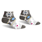 Pair of grey turn-cuff socks with a snowflake, unicorn, and heart design. Features light blue, yellow, and pink accents.