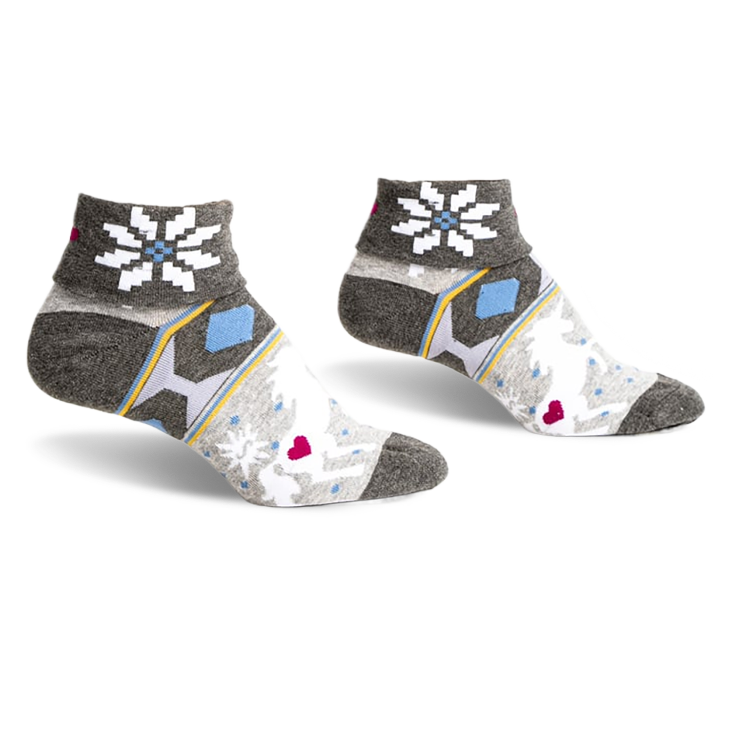 Pair of grey turn-cuff socks with a snowflake, unicorn, and heart design. Features light blue, yellow, and pink accents.