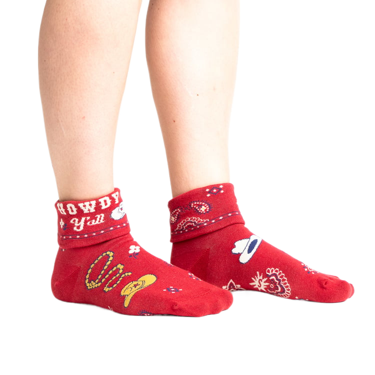 Lifestyle shot showing the socks on a person's feet, showcasing how they look when worn.