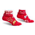 Pair of red ankle socks with a 'Howdy Y'all' cuff and western-themed designs including hats, bandanas, and a lasso.