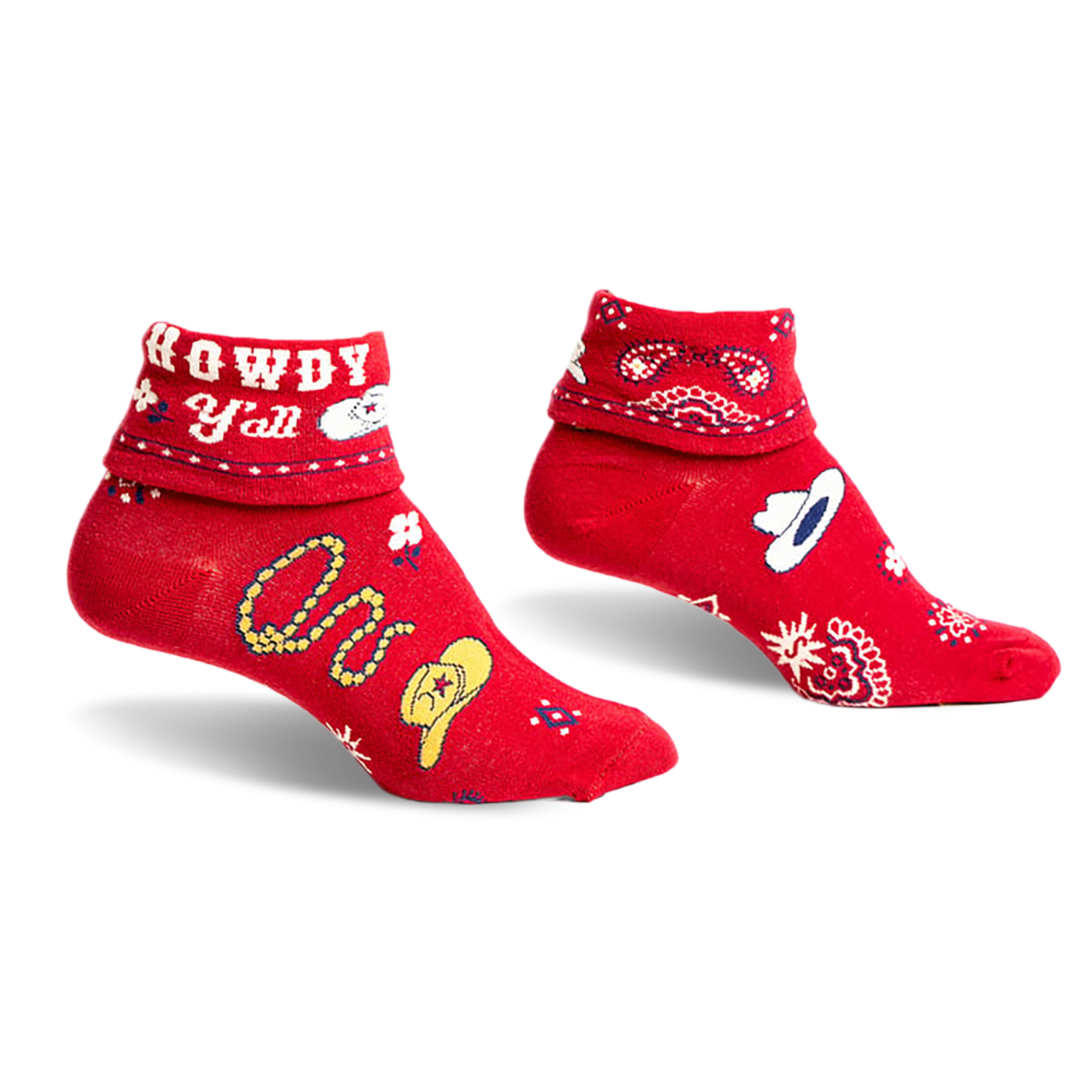 Pair of red ankle socks with a 'Howdy Y'all' cuff and western-themed designs including hats, bandanas, and a lasso.