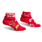 Pair of red ankle socks with a 'Howdy Y'all' cuff and western-themed designs including hats, bandanas, and a lasso.