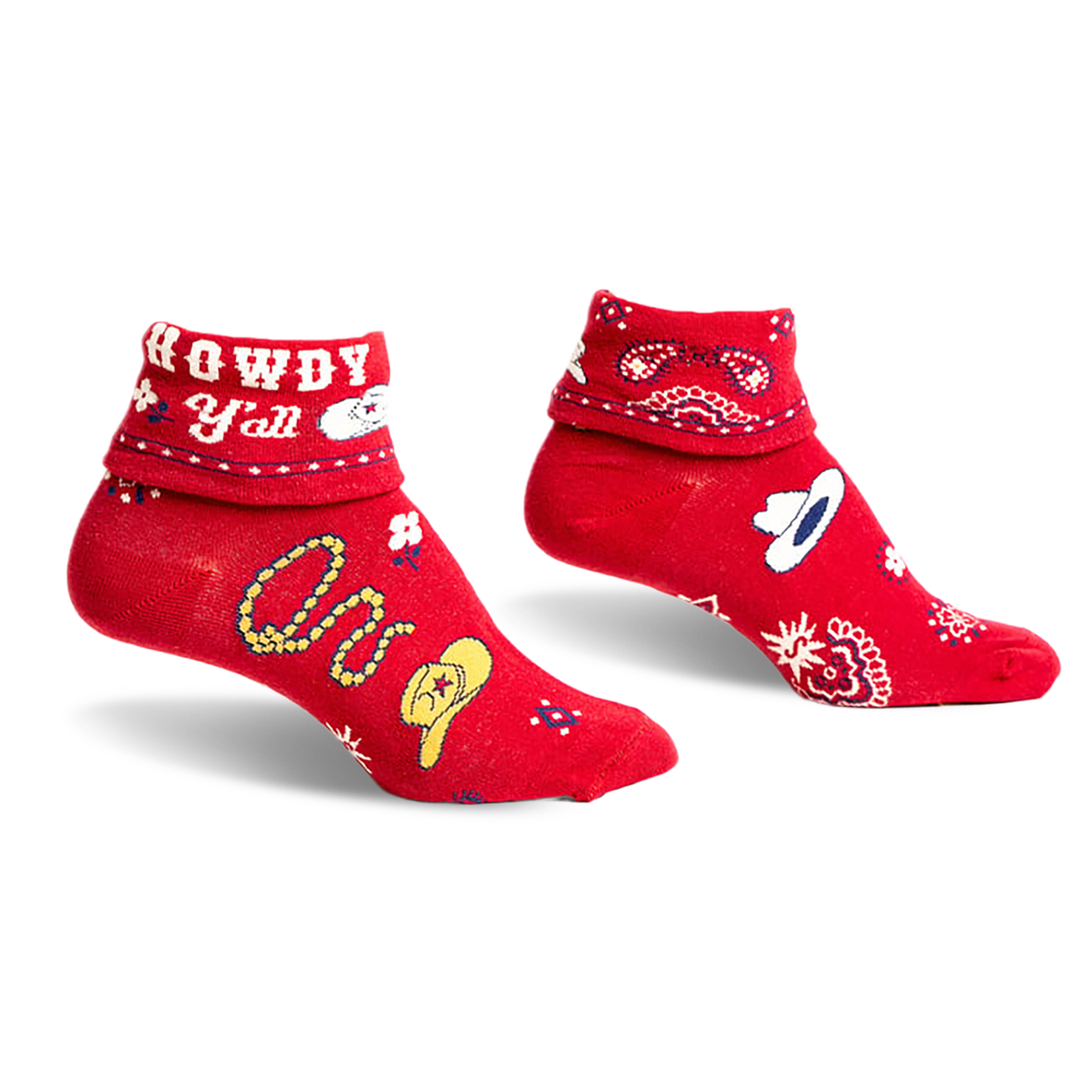 Pair of red ankle socks with a 'Howdy Y'all' cuff and western-themed designs including hats, bandanas, and a lasso.