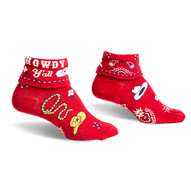 front view of a pair of red socks with a white and blue paisley pattern.  the socks also have cowboy hats and the phrase "howdy y'all" printed on them.