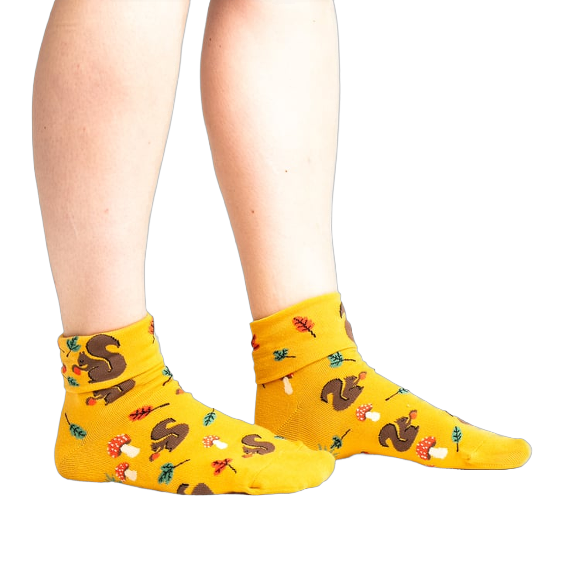 Lifestyle photo: Person's legs wearing the mustard yellow 'I'm Fallin' for You' socks.
