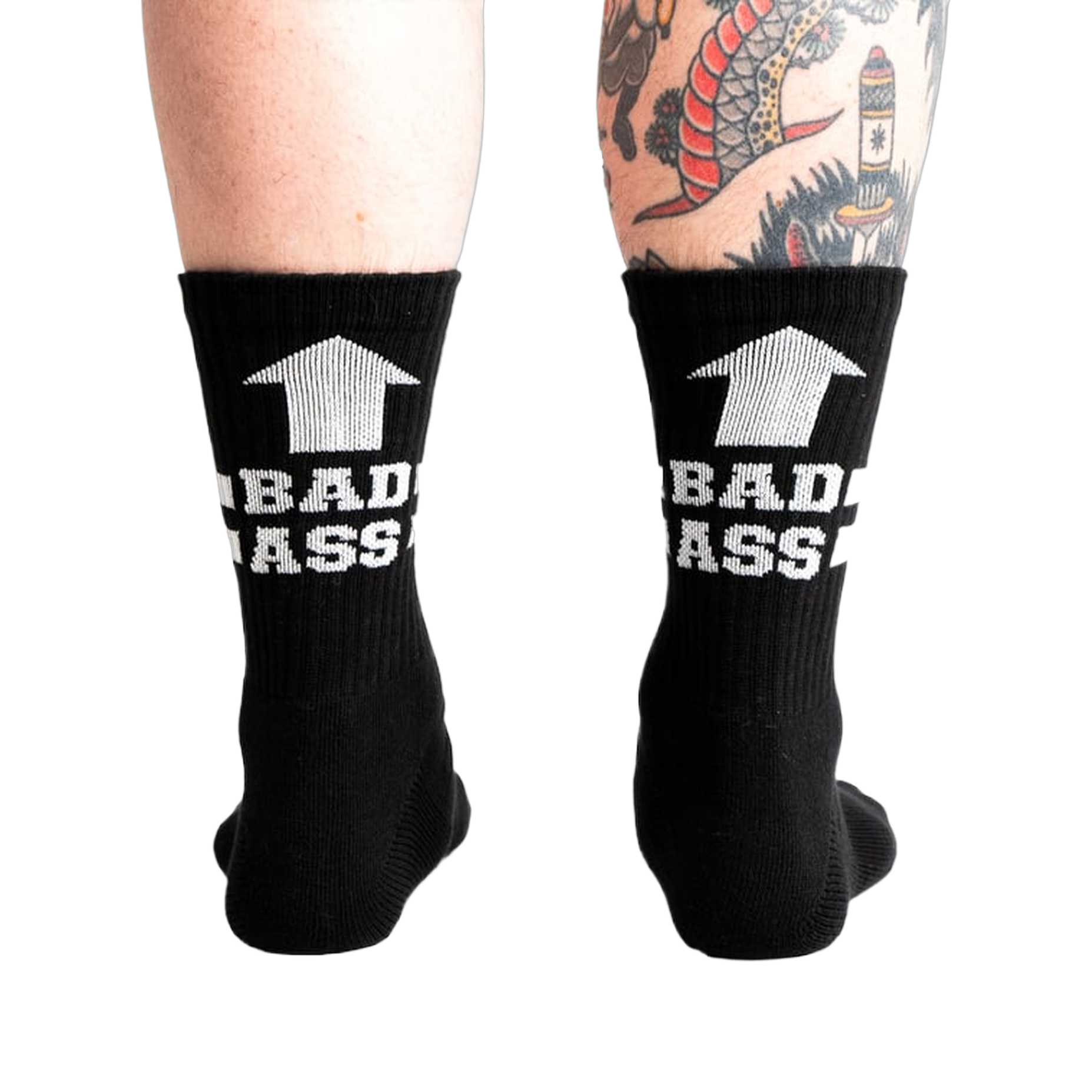 Pair of black ribbed athletic socks with white "BAD ASS" text and upward arrow graphic.