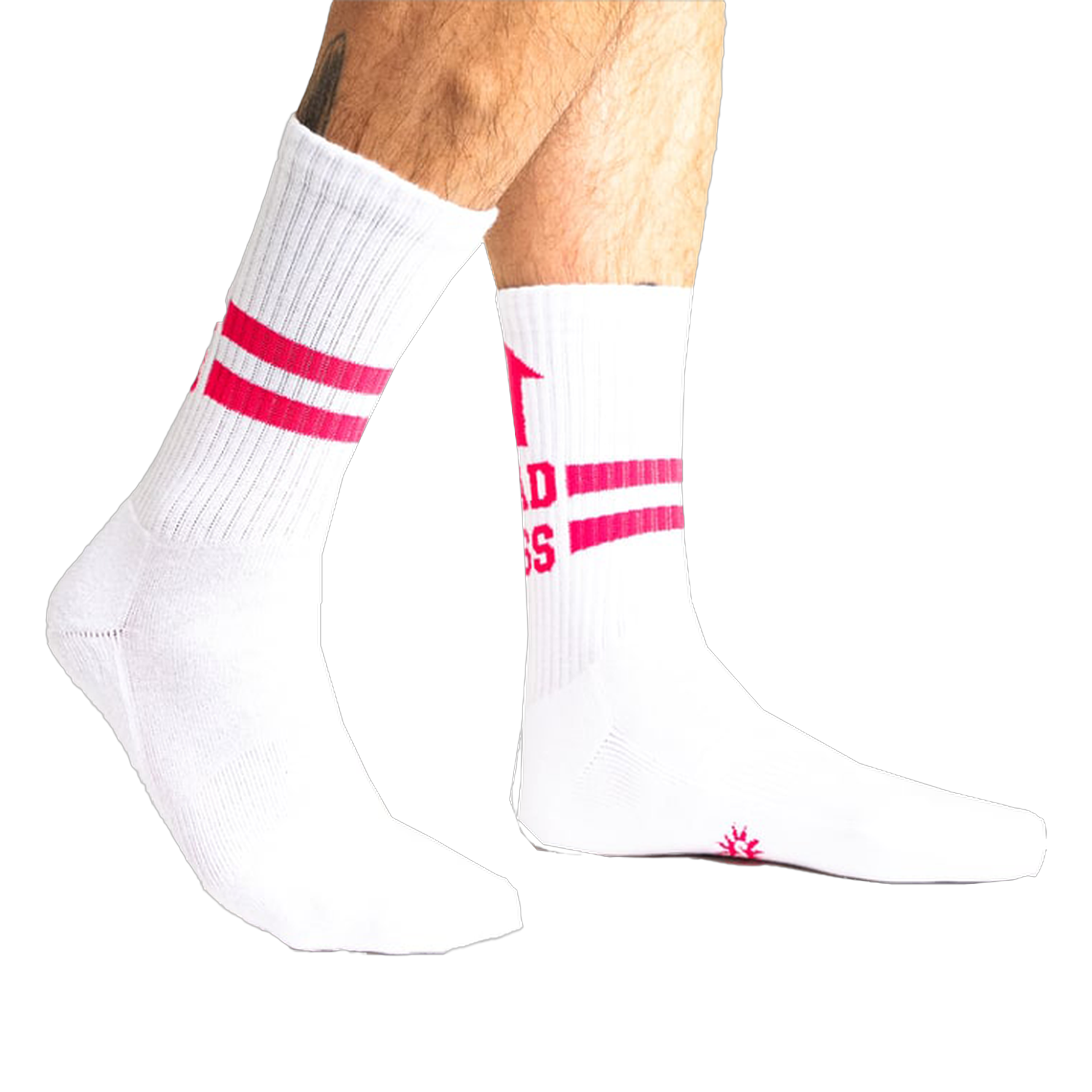Lifestyle shot showing white Bad Ass Athletic Ribbed socks on a person's legs.