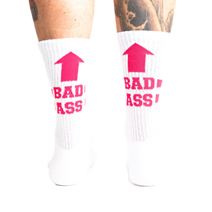 back view of a man wearing white crew socks with the word 