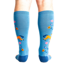 Rear view of model wearing the 'Hay There' socks, showcasing the design from behind.
